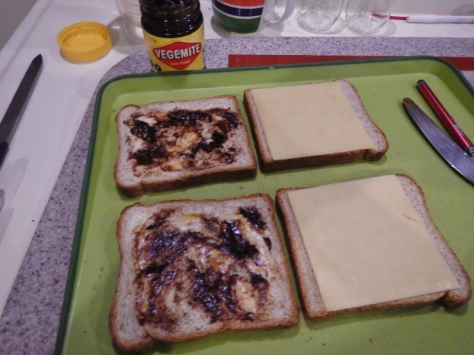 Cheese and vegemite sangers ready to be toasted!
